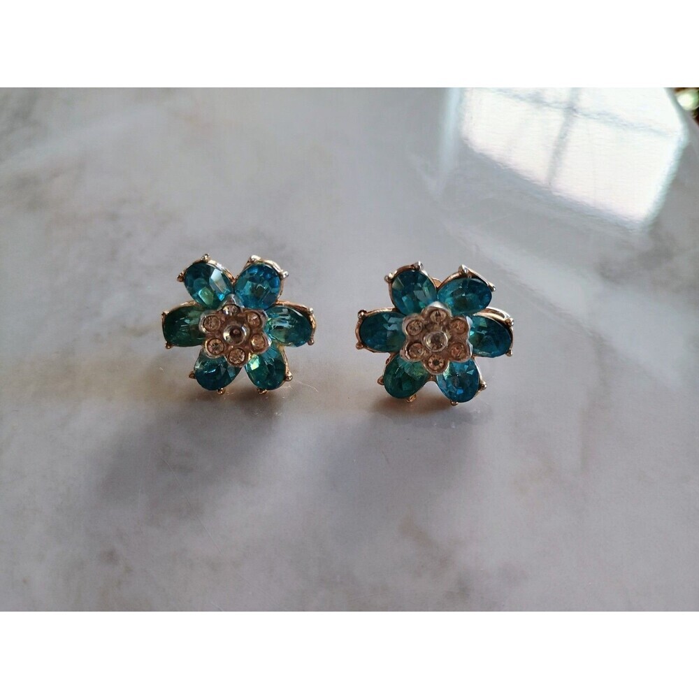 Vintage Blue Coro Signed Rhinestone Screw Back Flower Earrings